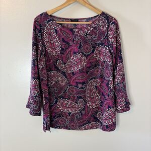 Talbots Paisley Blouse Navy Pink Bell Sleeves Polyester Top Sz Medium